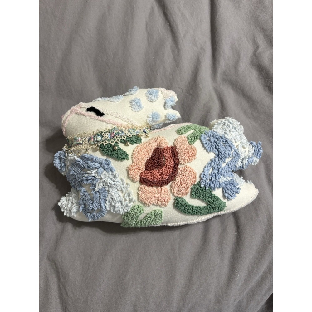 VINTAGE CHENILLE Handmade‎ Easter Bunny Rabbit Pillow Floral Ribbon